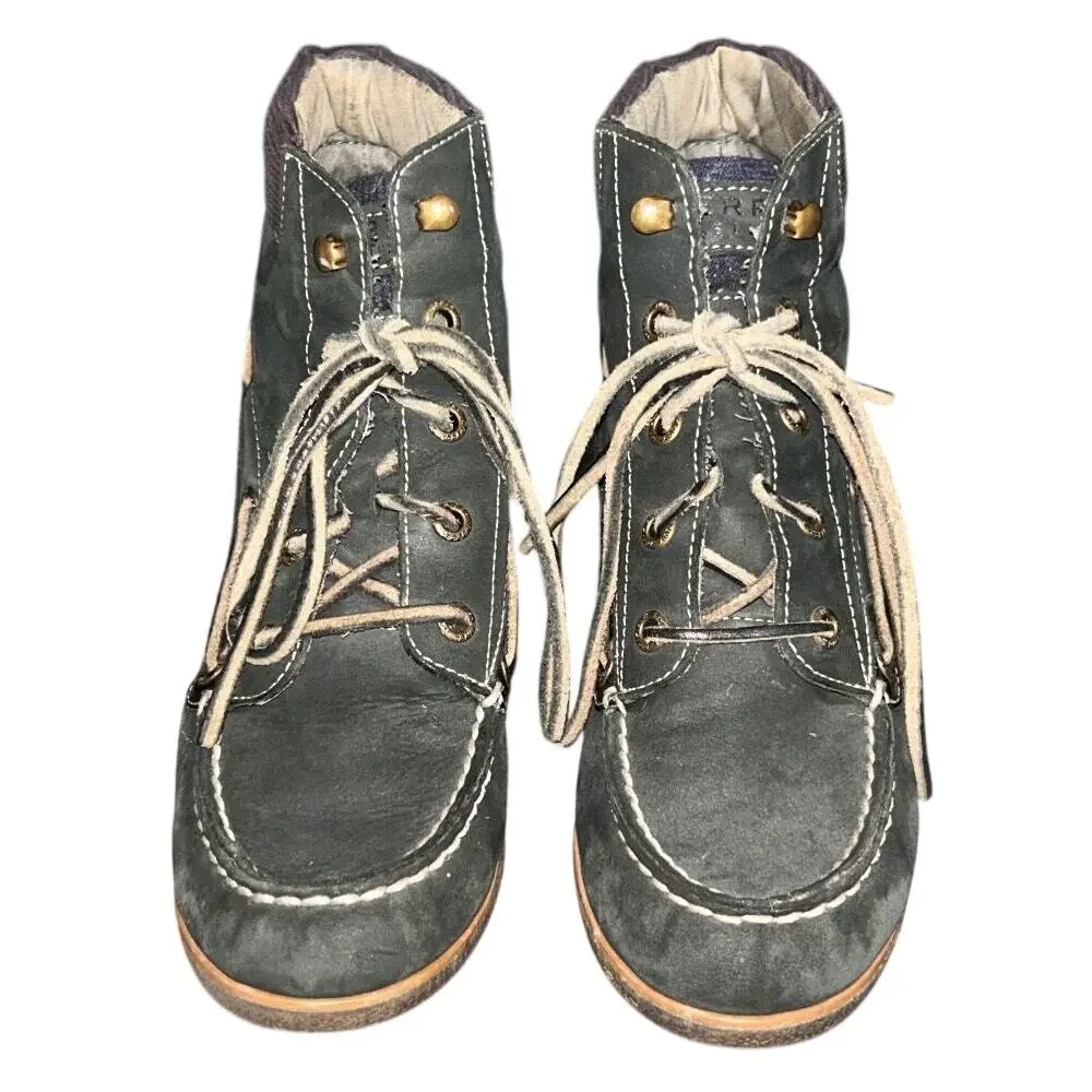 Sperry Top Sider Bailey Green Leather Wool Plaid Wedge Ankle Boots Booties 7.5